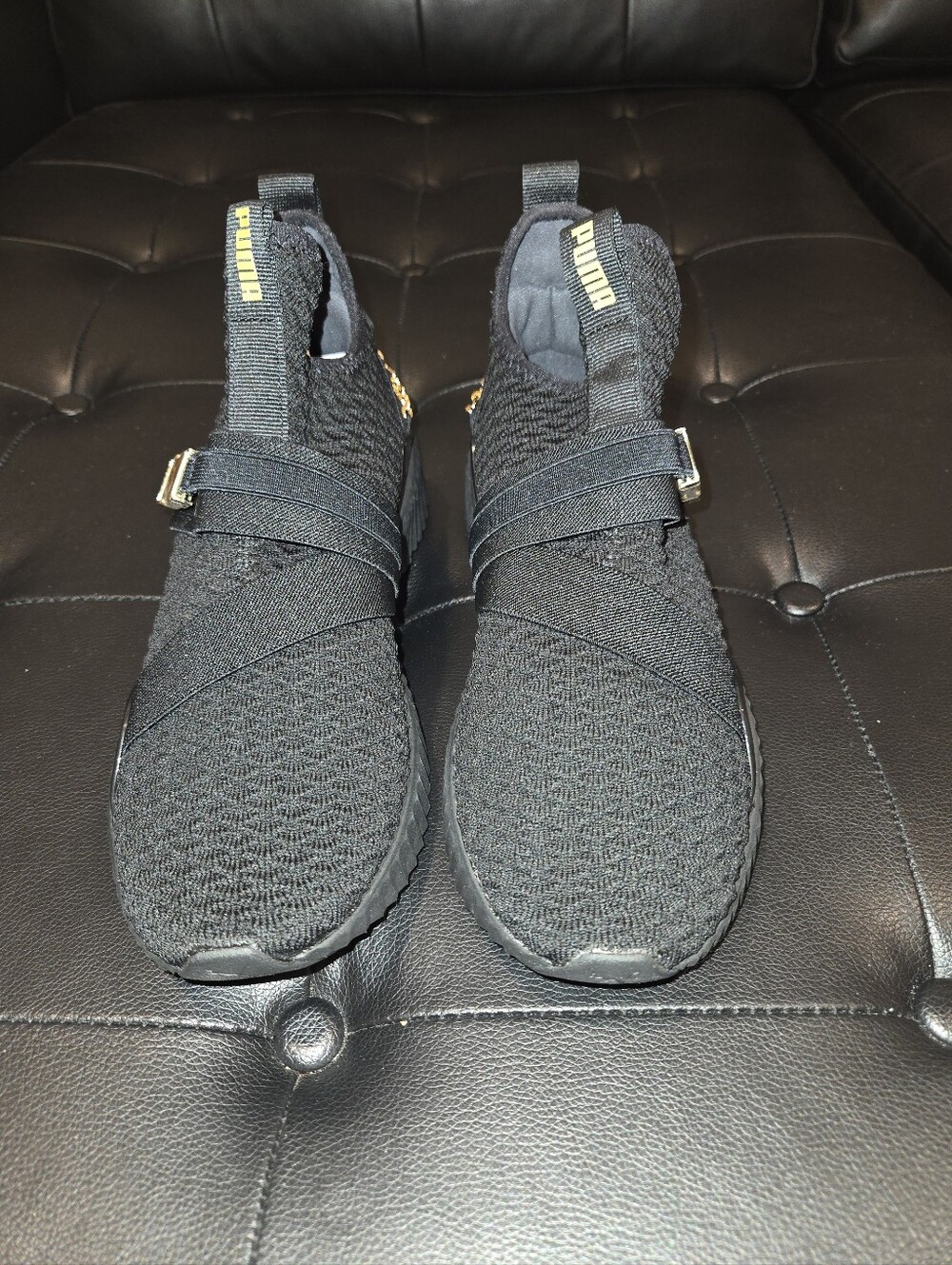 Puma Black Knit Slip-On Trainers with Gold Accents